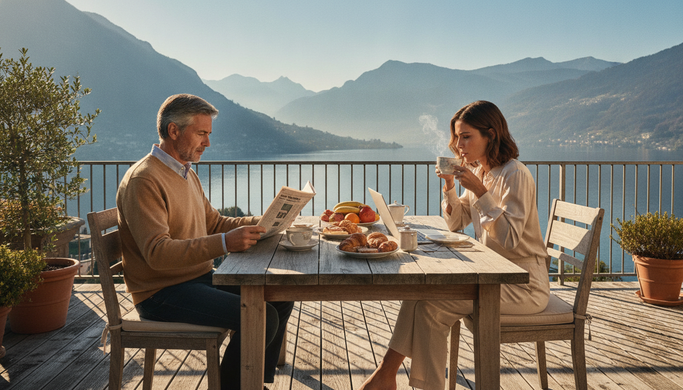 Paar beim Frühstück: Sie eilig mit Laptop, er entspannt mit Zeitung