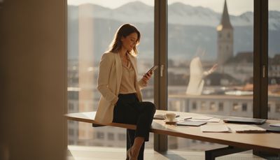 Junge Frau im Büro checkt ihr Handy während einer kurzen Arbeitspause