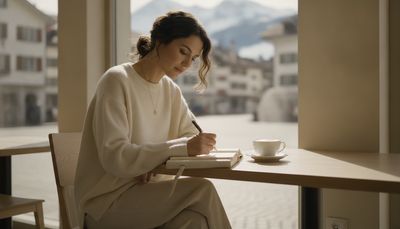 Frau notiert sich überlegt Gedanken zu einem Sugardating Arrangement im Café